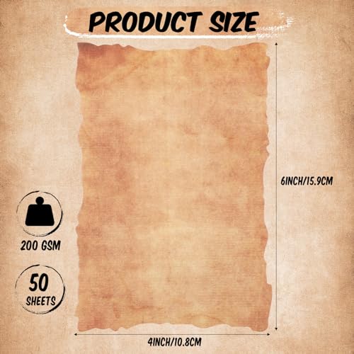 Harloon Vintage Paper Cotton Stationery Paper, 4x6 Inch, 50 Pcs | Old Looking Thick Cardstock Blank 200 Gsm, Antiqued Watercolor Deckle Edge, for Invitations Drawing Writing Invitations Craft - size: 4 x 6 Inch