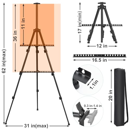 JEAWIWI 1 Pcs Adjustable Easel Stand, from 17 to 66 inches, Black | Poster Holder Stand, with Portable Bag, Travel Canvas Holder, Adjustable Height for Sign, Painting, Display