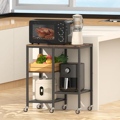 OGEMXU Rolling Kitchen Microwave Cart,4 Tier Microwave Stand,Brown | Utility Cart on Lockable Wheels,Open Storage for Spices, Pots，Small Side Table,Coffee Cart for Living Room Office, Balcony - color: Rustic Brown