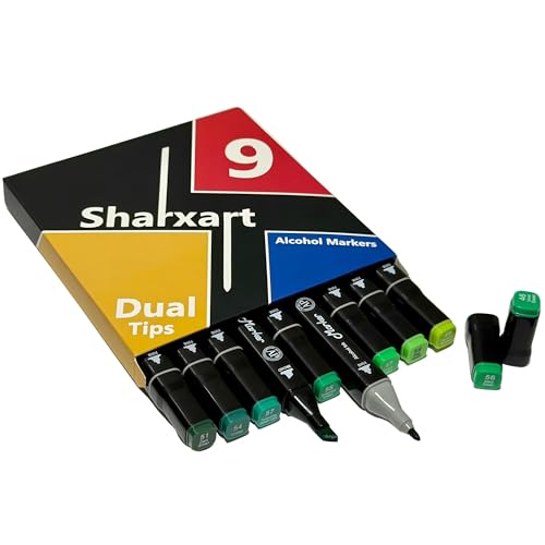 Green Alcohol Markers, 9pcs Dual Double Tips Fine Tip and Broad Tip Permanent Art Marker for Artists Adults Coloring Drawing Illustration Sketching Painting Art Supplies (Green) - color: Green