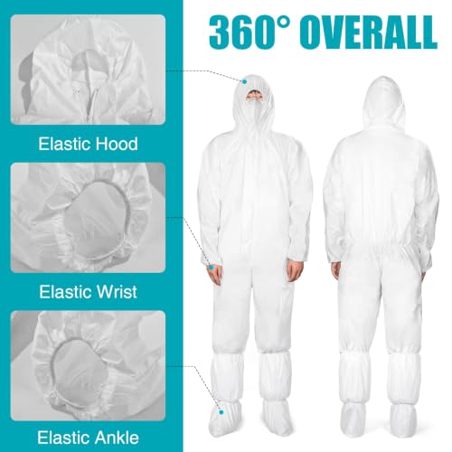 FURWEY Hazmat Suits 10 Pack Disposable Coveralls,with Shoe Covers,Elastic Wrists,Ankles and Hood,Available in 4 sizes(L-3XL) - size: Medium