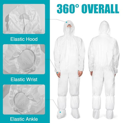 FURWEY Hazmat Suits 10 Pack Disposable Coveralls,with Shoe Covers,Elastic Wrists,Ankles and Hood,Available in 4 sizes(L-3XL) - size: Medium