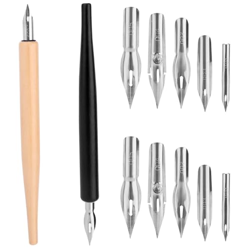 Penitue Comic Dip Pen Set with 2 Wooden Holders & 10 Stainless Steel Replacement Nibs, 5 Styles Manga Dip Pen Ink Nibs for Calligraphy Drawing Writing Sketching Signing - style: Style 1