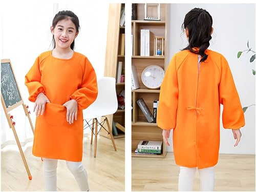 Lauthen.S 2 Pack Kids Art Smocks, Long Sleeve Artist Painting Aprons - color: Orange + Green, size: L(8-12 Years)