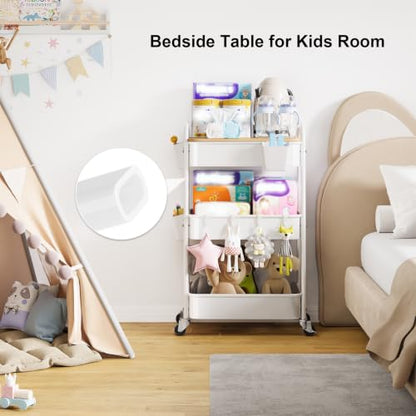 3 Tier Rolling Cart Metal with Wheels and Bamboo Table Top, Art Cart Organizer on Wheels, White Three Tiered Storage Utility Carts for Craft, Baby, Diaper Caddy,Coffee,Kitchen,Cleaning,Office Supplies - color: White
