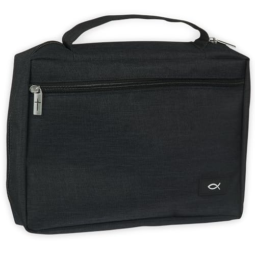 Christian Art Gifts Polyester Bible Cover for Men & Women w/Jesus Fish Patch, Secure Zipper Pocket, Pen Loops, Easy Carry Book Case for Stationery, Accessories, Black, Medium - color: Black/Jesus Fish #3, size: Medium