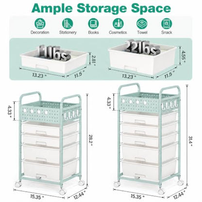 SYKIARIOL Drawer Rolling Storage Cart with Pegboard Top and Hooks, Green, 4-Drawers - color: Green, size: 4-Drawers