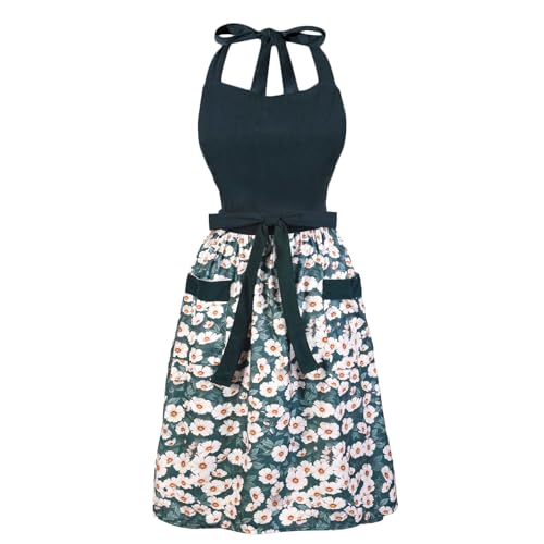Cute Floral Apron for Women with Pockets, Cotton, Adjustable Straps - color: Dark Green