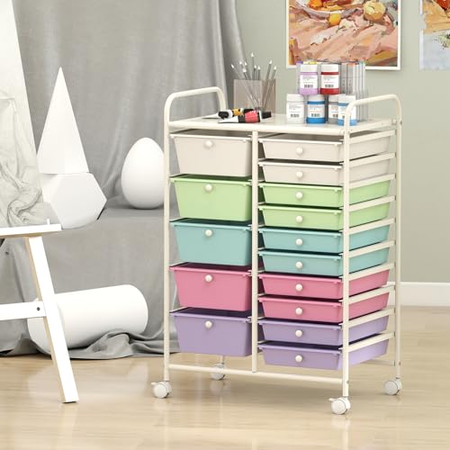 COSTWAY 15 Drawer Rolling Storage Cart, Mobile Storage Organizer | Removable Drawers & Metal Frame, Multipurpose Utility Tools Paper Organizer on Wheels for Home, Office (Ice Cream Colorful) - color: Ice Cream Colorful, size: 15 Drawer