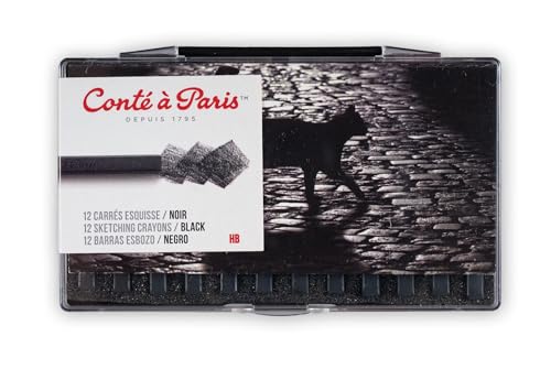 Conté à Paris 12 Count 2B Sketching Crayons Set, Black | Extra Dark Mark Making, Rich Tonal Range, Excellent For Dramatic Contrast, Figure Studies And Rendering - style: 12 Count - Black 2B
