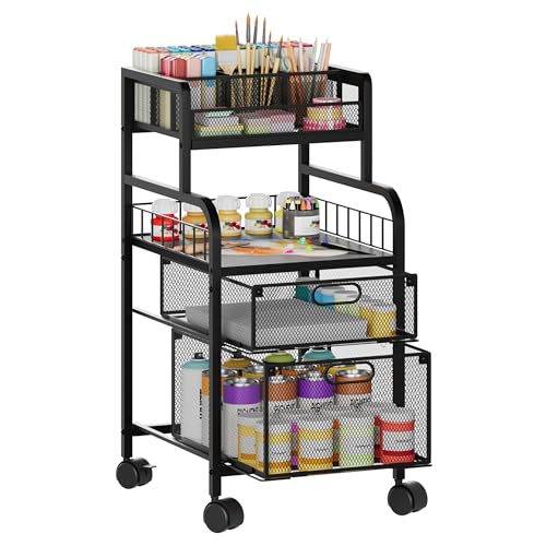 SWTYMIKI Rolling Cart with Drawers - Metal Craft Cart with Wheels, DIY Divider and Wood Shelf, Art Supply Organizer for Under Desk Storage, Utility Storage Cart for Home Office Studio, Black - color: 4 Tiers-Black, size: 4 Tiers
