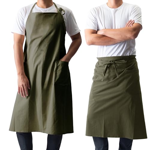 Chef/Bistro Cooking Apron with 2 Large Pockets for Men & Women Lightweight Adjustable Neck Strap Water-repellent - color: Khaki