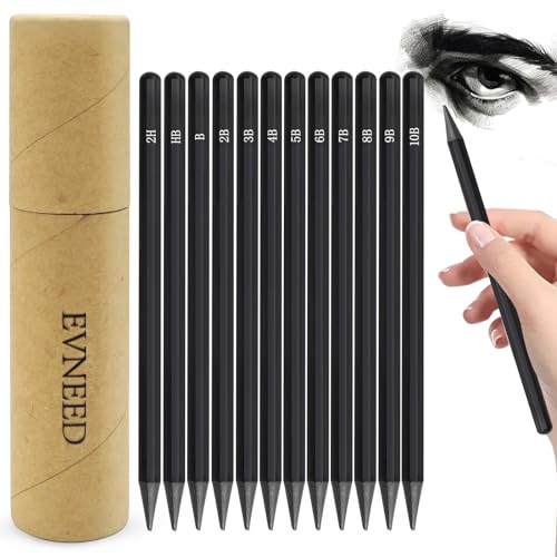 EVNEED Woodless Pencil Set,12 pcs Non-wood Graphite and Charcoal Sketching for Drawing,Writing,Shading,Color Black-Set of 12