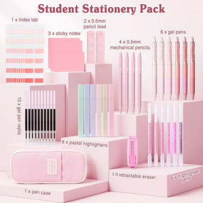 MoKo Pencil Case with Supplies, 49Pcs Aesthetic School Set, Pink | Includes gel pens, highlighters, 0.5 mm mechanical pencils and refills, an eraser, sticky notes and index tabs. - color: Pink-49P
