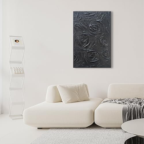 NANKAI Art Hand-Painted Black Rose Texture Abstract Art Oil Painting, Modern Style Abstract Wall Decoration, Three-Dimensional Simple Black Flower Texture Relief, Vertical Painting 36x24 inches - color: Nkhb376
