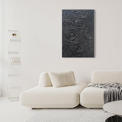 NANKAI Art Hand-Painted Black Rose Texture Abstract Art Oil Painting, Modern Style Abstract Wall Decoration, Three-Dimensional Simple Black Flower Texture Relief, Vertical Painting 36x24 inches - color: Nkhb376