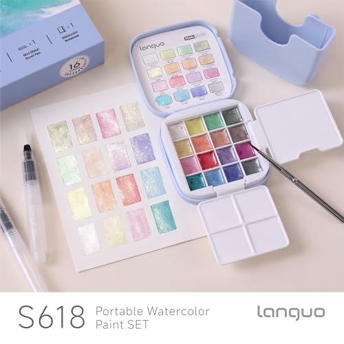 Mini Watercolor Paint Set 16 Colors, Travel Art Kit All-in-One | 3 Water Brush Pens, 1 Detail Pen, 2 Palettes, 1 Watercolor Book, 1 Bottle, for Travel, Outdoor Sketching (Pearl Color) - color: Pearl Color