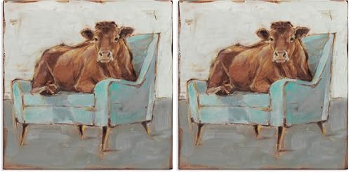 Stupell Industries Brown Bull on a Blue Couch Neutral Color Painting Stretched Canvas Wall Art, 17 x 17, Multi (Pack of 2) - color: Sin marco, size: 17"L x 1.5"W (Pack of 2), style: Gallery Wrapped Canvas