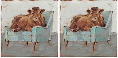 Stupell Industries Brown Bull on a Blue Couch Neutral Color Painting Stretched Canvas Wall Art, 17 x 17, Multi (Pack of 2) - color: Sin marco, size: 17"L x 1.5"W (Pack of 2), style: Gallery Wrapped Canvas
