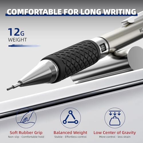 WUO 0.9 mm Mechanical Pencil Set with Eraser Pen Storage Case, 6 PCS | Metal Drafting Pencils, 360 HB Lead Refills, 3x4B Erasers, 12 Eraser Refills for School Artist Writing Drawing Sketching - color: Black 6 - 0.9mm (6 Pack)