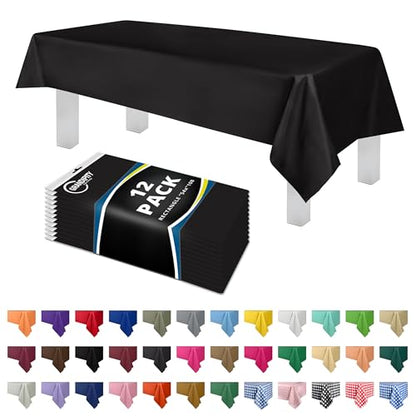 Plastic Table Cloth Disposable 12 Pack 54” x 108” Rectangle | Black Plastic table covers, durable disposable tablecloths, fade and tear-resistent table cover for party, event - color: Black, size: 54in. x 108in. Rectangle