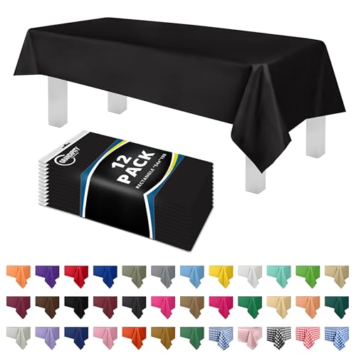 Grandipity Plastic Table Cloth Disposable 12 Pack 54” x 108” Rectangle | Black Plastic table covers, durable disposable tablecloths, fade and tear-resistent table cover for party, event - color: Black, size: 54in. x 108in. Rectangle