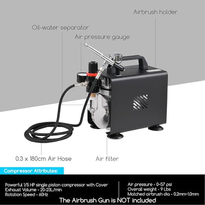 MEEDEN Airbrush Compressor Kit: 1/5 HP Powerful & Quiet with 6 ft Hose | Designed for model painting, crafts, and detailed airbrush projects with powerful, quiet operation and flexible hose reach - color: Single - Black