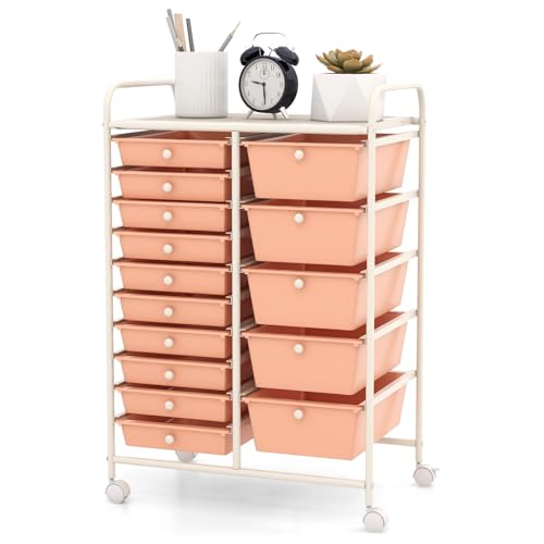 DREAMADE Rolling Cart with 15 Drawers, Rolling Drawer Organizer Cart w/Lockable Wheels, Removable & 2-Sized Storage Drawers, Art Cart for School Home Art Supplies Crafts File Scrapbook - color: Peach, size: 25"L x 14.5"W x 34.5"H