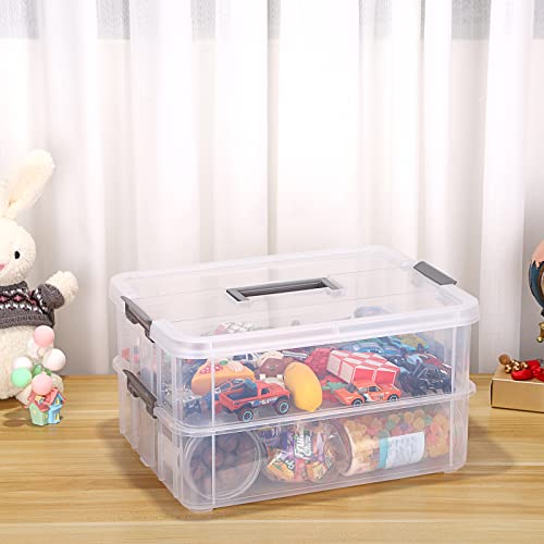 JUXYES 2-Tiers Plastic Stack Carry Storage Containers Box wih Handle Lids - color: Dark Gray