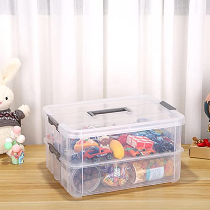 JUXYES 2-Tiers Plastic Stack Carry Storage Containers Box wih Handle Lids - color: Dark Gray