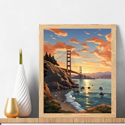 Natuyalo Paint by Numbers for Adults Beginner, Golden Gate Bridge Acrylic Easy Paint by Numbers Kits San Francisco Landscape Craft Kits for Adults Suitable for Wall Decoration Flameless 16x20 Inch - color: ART-08