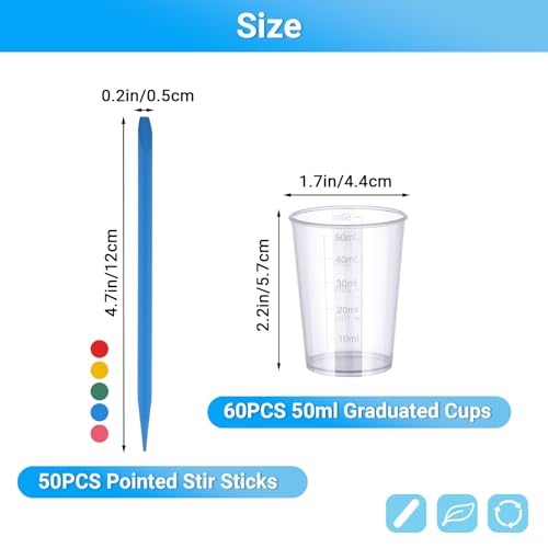 Resin Mixing Cups and Sticks, 110 Packs Epoxy Measuring Cups Kit - 60PCS 100ml Disposable Graduated Cups, 50PCS Pointed Stir Sticks for Mixing Paint, Stain, Epoxy, Resin - color: Clear cups+point stick, size: 50ml