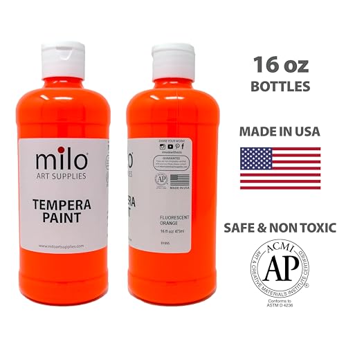 milo Fluorescent Washable Tempera Paint Set, 6 Neon UV Colors, 16oz Bottles | Glows UV in Black Light, Made in USA, Safe & Non-Toxic Paint for Arts & Crafts, Poster, Window, Classroom, School, Project - style: Fluorescent Tempera 6 x 16 oz