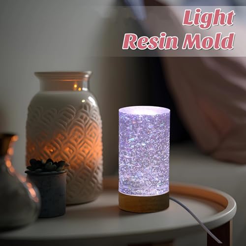 Honoson Light Resin Silicone Mold Set, Include Resin Mold and USB Powered Wooden Lighted Base Stand for DIY Table Candle Desktop Lamp Ornaments(2.5 x 4 Inches,Cylinder) - size: 2.5 x 4 Inches, style: Cylinder