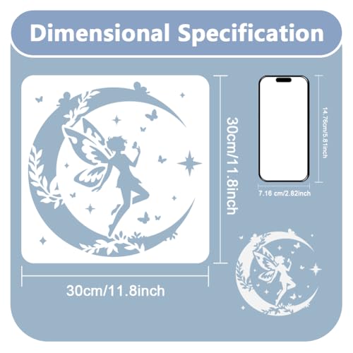Fairy Moon Stencil for Painting 11.8 x 11.8 Inch Reusable Plastic Fairy Template for Painting on Wall Wood Furniture Fabric Canvas, DIY Craft Stencil | 11.8" x 11.8" Plastic Craft Stencil, Fairy Moon Wall Stencil, DIY Home Decor Template for Wall Wood Fab