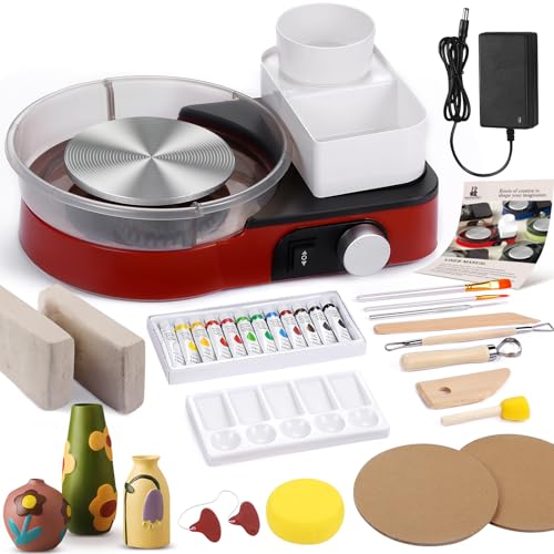 Pottery Wheel for Adults - Complete Pottery Tools Kit for Beginners, 6" Turntable Two-Way Rotation Adjustable Speed, 2.2 lbs. Air Dry Clay, Mini Clay Making Pottery Wheel with Storage Design (Red) - color: Red