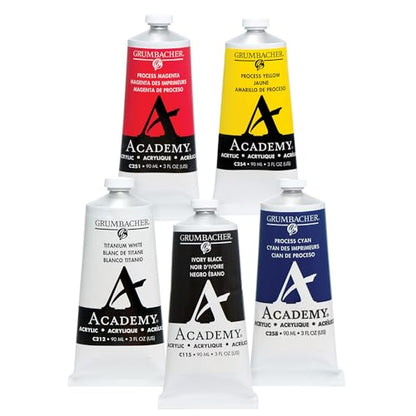 Grumbacher Academy Professional Acrylic Paint Set of 5 90ml CMYK Colors - Metal Tubes - Heavy Body Professional Grade Artist Paint with Genuine and Pure Pigments - ASTM Lightfast Colors