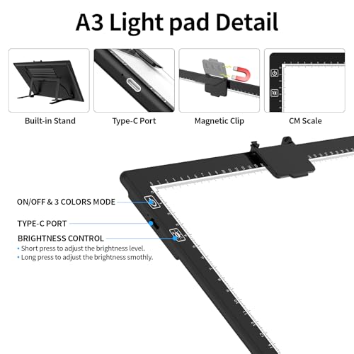 HIUKCOLED Rechargeable A3 Light Pad, Battery Powered Light Board with Foldable Stand, top Clip, 3 Colors/Stepless/6-level Brightness, Wireless LED Tracing Box for Diamond Painting,Drawing,Sketching - style: A3 Stand