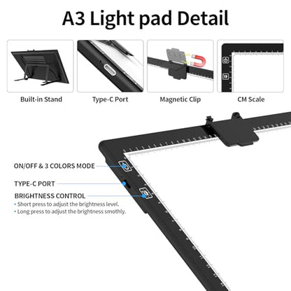 HIUKCOLED Rechargeable A3 Light Pad, Battery Powered Light Board with Foldable Stand, top Clip, 3 Colors/Stepless/6-level Brightness, Wireless LED Tracing Box for Diamond Painting,Drawing,Sketching - style: A3 Stand