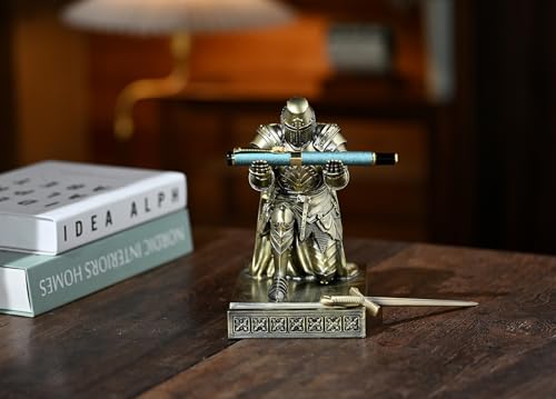Medieval Templar Vanguard Officer Knight Pen Holder Desk Organizers Bronze | Pencil Stand Paperweight Desktop Decoration Accessories Cell Phone Stand with a Fancy Sword for Medieval Warrior Enthusiast - color: Bronze