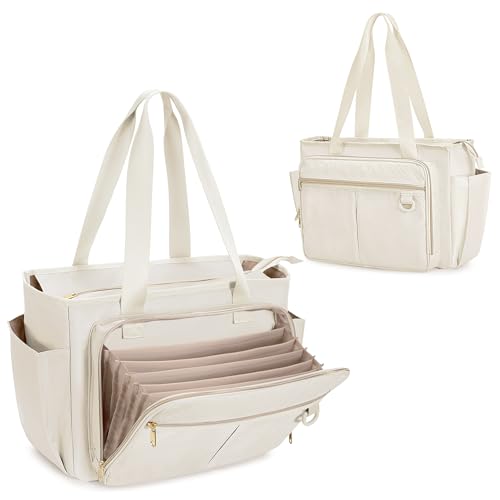 Teacher Tote Bag with Accordion File Organizer, Large Utility Bag | Teacher Work Bag with Expanding File Pocket, Laptop Sleeve, Water Bottle Pockets, Large Capacity Tote for Work Office - color: Beige