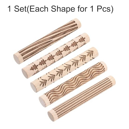 HARFINGTON 5pcs Wood Clay Roller 4"Grass Wood Pine Lines Grain Texture Pattern Rolling Pins Pottery Tools Rollers for Clay Baking Dough Playdough DIY - style: Grass + Pine Tree + Wood Grain + Straight Lines + Curves