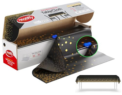 Neatiffy Disposable Plastic Table Cloth Roll with Slide Cutter | Waterproof Cover for Rectangle, Square, Oval Tables | Picnic, Party, Banquet, Birthdays, Weddings - Black with Gold Dots - color: Black Golden Dot, size: 54 inches X 100 feet