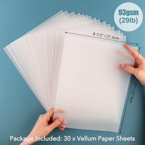 BAOFALI 30 Pack Vellum Paper Sheets,93GSM Heat Resistant Translucent Vellum Paper for Crafts, Tracing, Drawing, Card Making, Invitations, 8.5 x 11 Inches - size: 93gsm/29lb (30 Sheets)