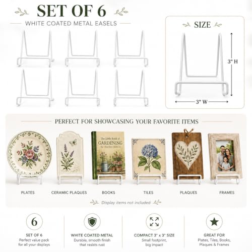 BANBERRY DESIGNS White Wire Easel Display Stand Set of 6 - 3 Inch Metal Plate Stands for Small Plates, Picture Frames, Photos, Artwork, Tiles, Collectibles, Books, Signs & Display Cards