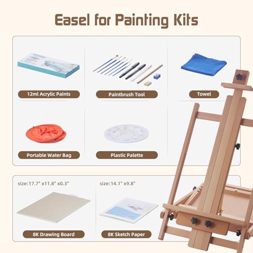 Beech Wood H-Frame Easel for Painting with Tray & Drawer, Natural | Heavy-duty Floor Adjustable Height & Angle Studio Art Easel Stand, Holds 30"-50" Canvas, Foldable Painting Easel for Adults - color: Natural