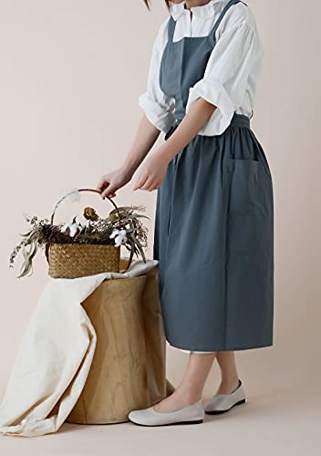 VLZUFE Women Cotton Linen Cross Back Apron for Gardening Works Pinafore Dress with Pockets Navy - color: Navy