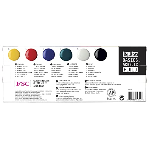 Liquitex BASICS Acrylic Fluid Paint, 12 x 118ml (4-oz.) Bottle Set | Super Versatile, Fine Art Pigments; Fluid Consistency, Vibrant satin colors, Permanent, Lightfast, Water-Resistant Finish - style: 6 x 118ml (4-oz.)