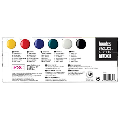Liquitex BASICS Acrylic Fluid Paint, 12 x 118ml (4-oz.) Bottle Set | Super Versatile, Fine Art Pigments; Fluid Consistency, Vibrant satin colors, Permanent, Lightfast, Water-Resistant Finish - style: 6 x 118ml (4-oz.)