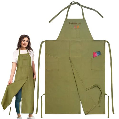 Full Coverage Pottery Apron Split Leg - 100% Cotton Canvas Potter's & Ceramics Aprons with Pockets for Women & Men - color: Green